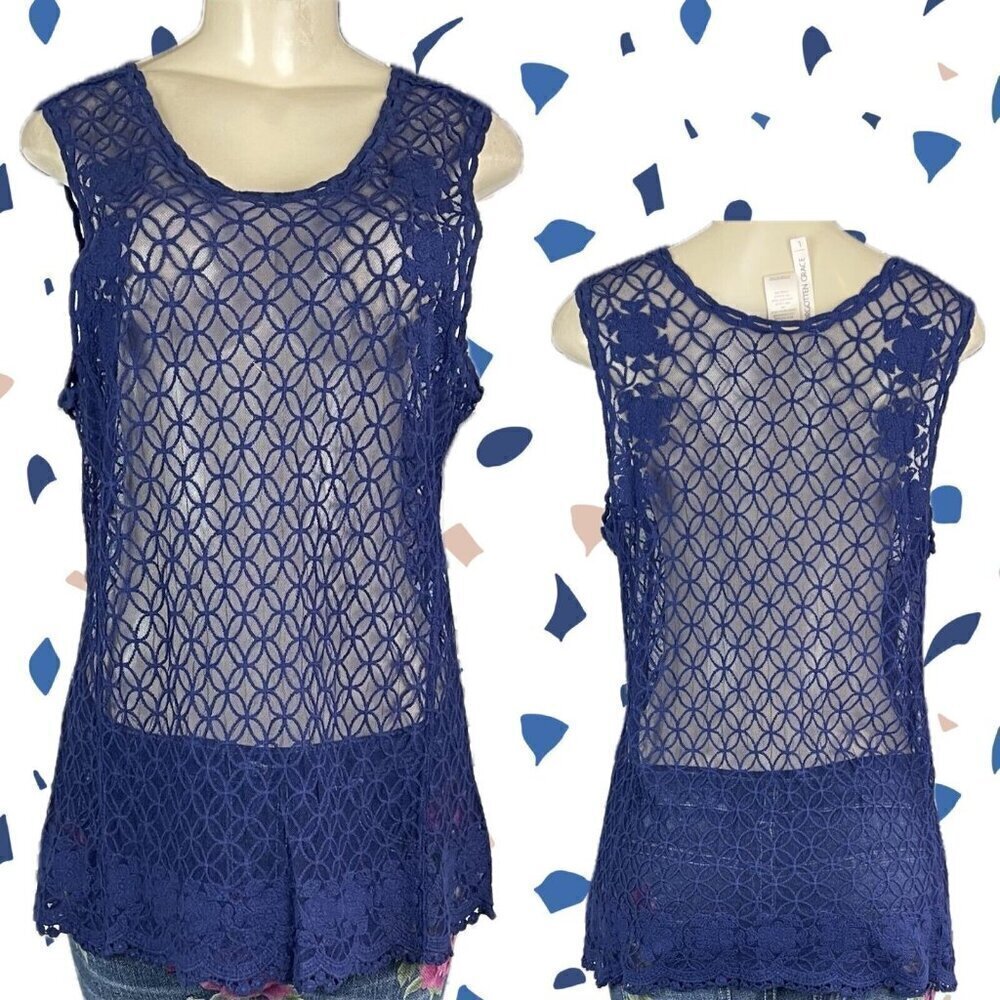 Forgotten Grace L Navy Blue Sheer Mesh Floral Crochet Scoop Neckline Tank Top